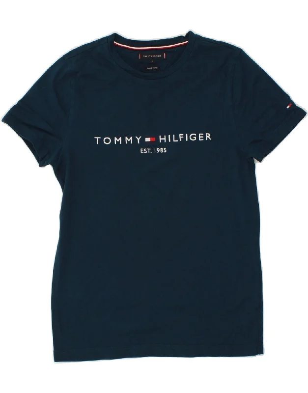 TOMMY HILFIGER Womens Graphic T-Shirt Top UK 10 Small Navy Blue Cotton Boxy Fit Fitted Loose