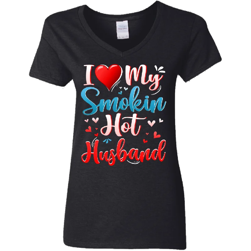 I Love My Smokin Hot Husband Cute Valentine Couple Ladies V-Neck T-Shirt Zippered Front Buttoned Front Snap Front I Love My Smokin Hot Husband Cute Valentine Couple Ladies V-Neck T-Shirt Zippered Front Buttoned Front Snap Front