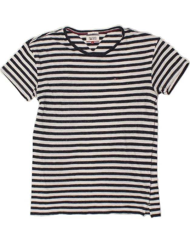 TOMMY HILFIGER Mens T-Shirt Top Medium Navy Blue Striped Sequined Glittery Shiny