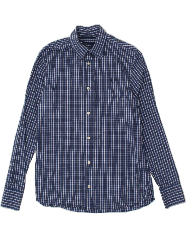 FRED PERRY Mens Shirt Small Navy Blue Check Cotton Cashmere Blend Cotton Blend Poly Blend FRED PERRY Mens Shirt Small Navy Blue Check Cotton Cashmere Blend Cotton Blend Poly Blend
