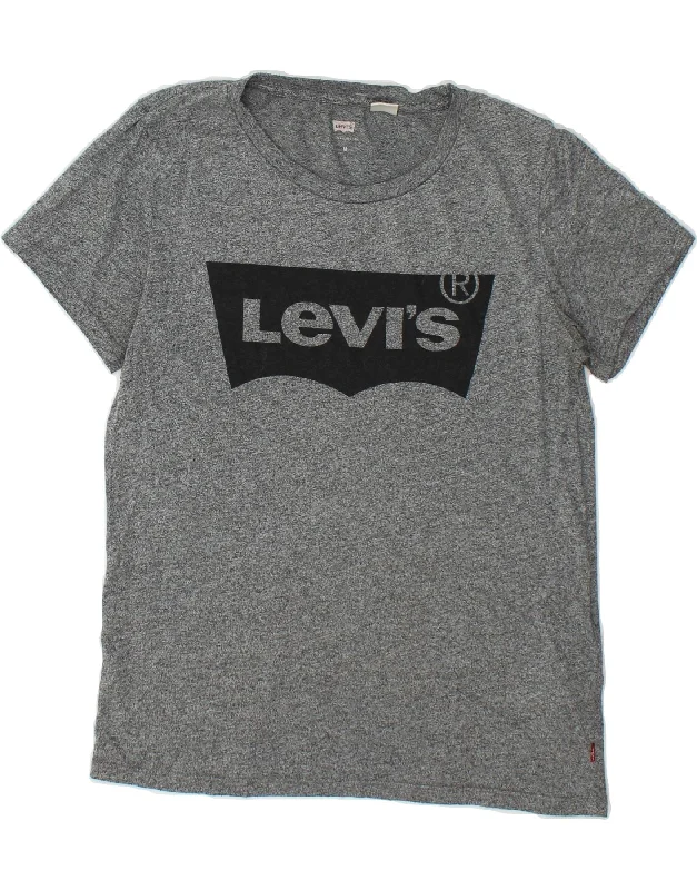 LEVI'S Womens Graphic T-Shirt Top UK 12 Medium Grey Flecked Cotton Hooded Caped Shawl Collar