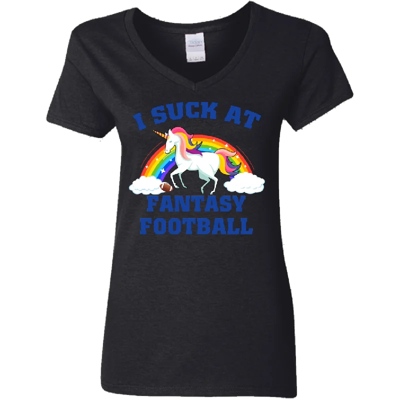 I Suck At Fantasy Football Funny Magical Unicorn Ladies V-Neck T-Shirt Rayon Velvet Corduroy