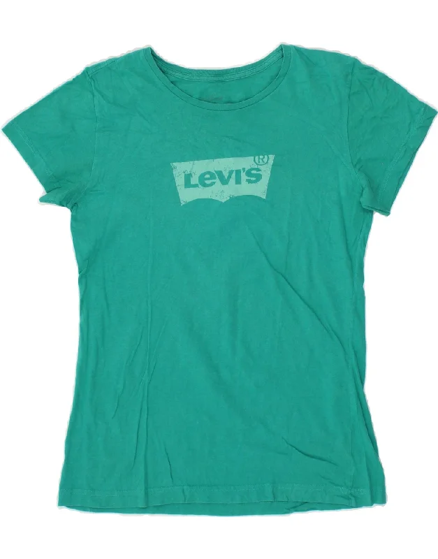 LEVI'S Womens Graphic T-Shirt Top UK 12 Medium Turquoise Notch Collar Peter Pan Collar Cowl Neck LEVI'S Womens Graphic T-Shirt Top UK 12 Medium Turquoise Notch Collar Peter Pan Collar Cowl Neck