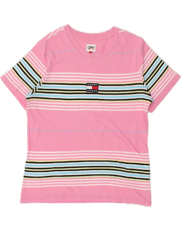 TOMMY HILFIGER Womens T-Shirt Top UK 10 Small Pink Striped Cotton Spandex Blend Rayon Blend Denim Blend