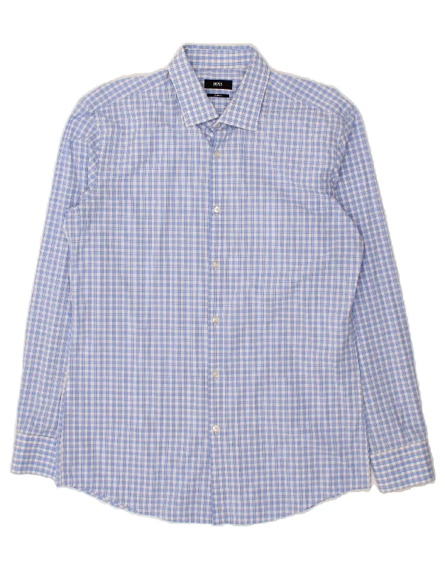 HUGO BOSS Mens Slim Fit Shirt Size 16 1/2 42 Large Blue Check Cotton Zippered Buttoned Snapped