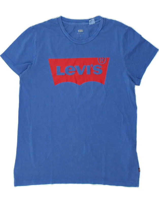 LEVI'S Womens Graphic T-Shirt Top UK 14 Medium Blue Cotton Asymmetrical Pockets Print