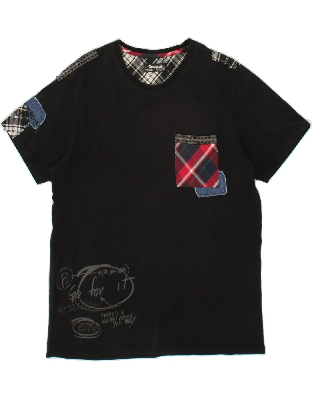 DESIGUAL Mens Graphic T-Shirt Top XL Black Cotton Front Pockets Side Pockets Patch Pockets