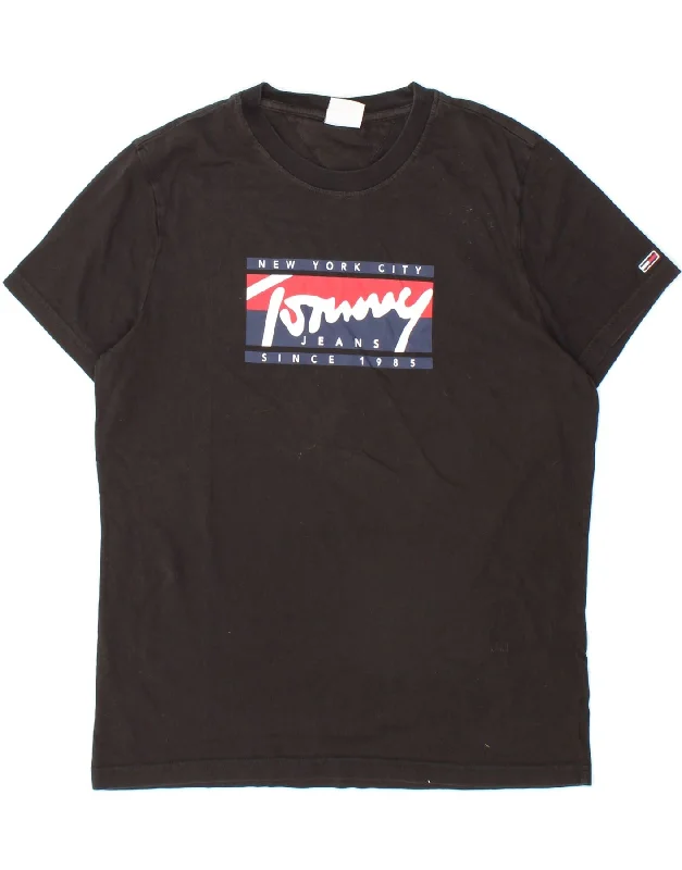TOMMY HILFIGER Womens Graphic T-Shirt Top UK 16 Large Black Cotton Elasticated Padded Insulated