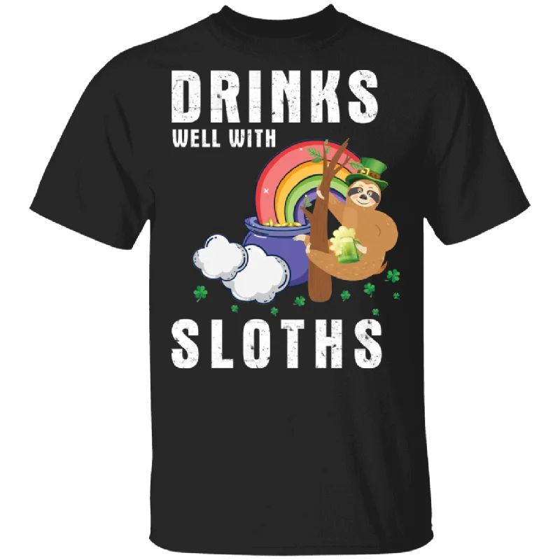 Drinks Well With Sloths Drinking St Patrick's Day Gifts T-Shirt Hooded Caped Shawl Collar