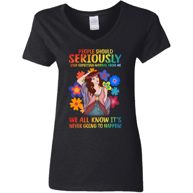 People Should Seriously Stop Expecting Normal From Me Hippie Girrl Ladies V-Neck T-Shirt Plaid T-Shirt Polka Dot Checkered
