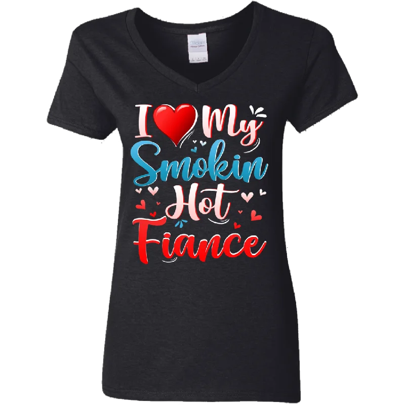 I Love My Smokin Hot Fiance Cute Valentine Couple Ladies V-Neck T-Shirt Notch Collar Peter Pan Collar Cowl Neck I Love My Smokin Hot Fiance Cute Valentine Couple Ladies V-Neck T-Shirt Notch Collar Peter Pan Collar Cowl Neck