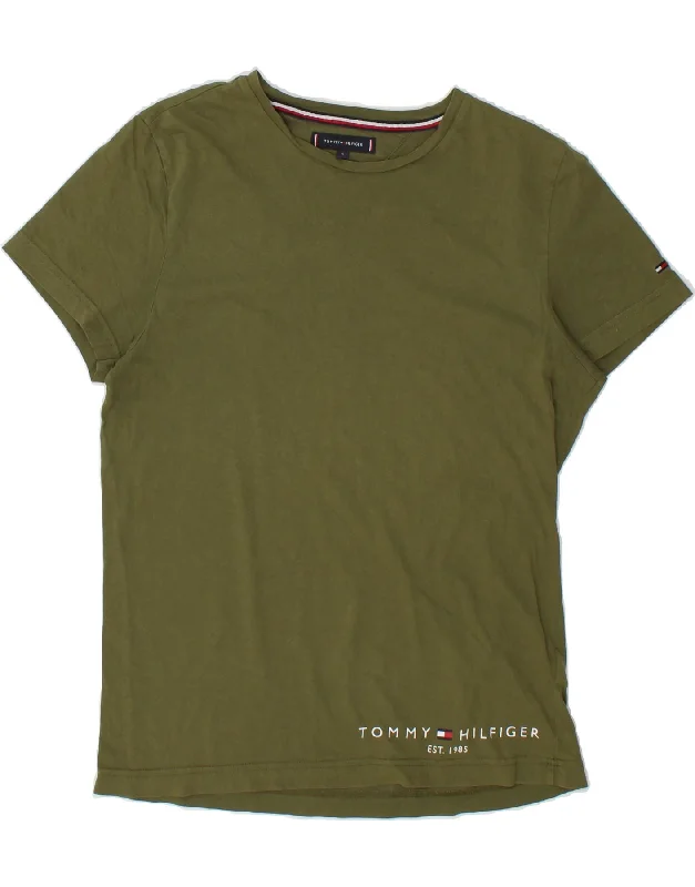 TOMMY HILFIGER Womens T-Shirt Top UK 10 Small Green Cotton Solid Color Striped Floral