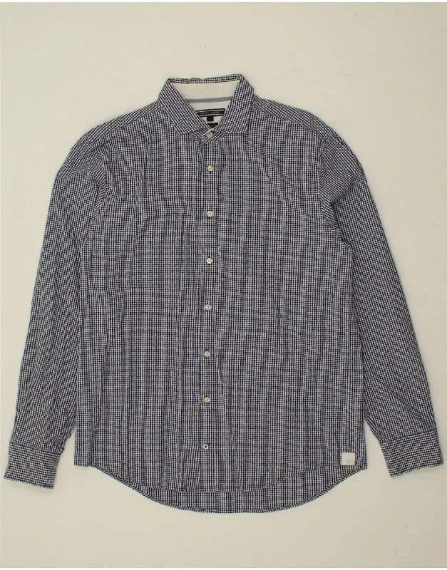 TOMMY HILFIGER Mens Shirt Large Navy Blue Check Cotton Iron Safe Non-Iron Wrinkle Free