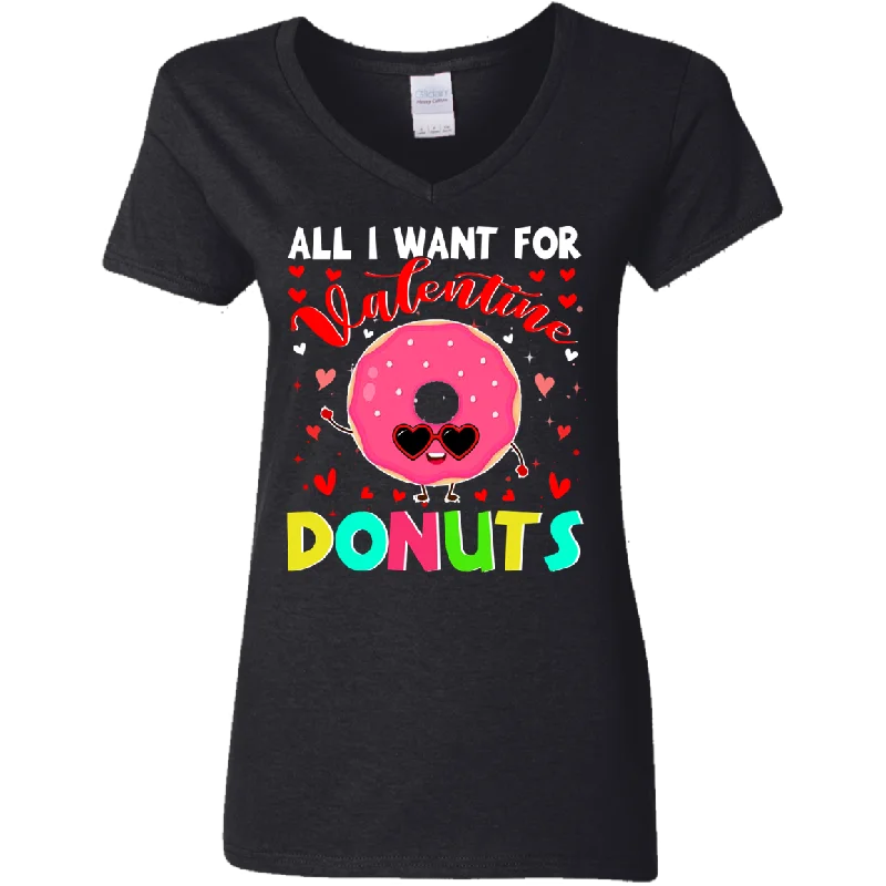 All I Want For Valentine Is Donuts Ladies V-Neck T-Shirt Solid Color Striped Floral
