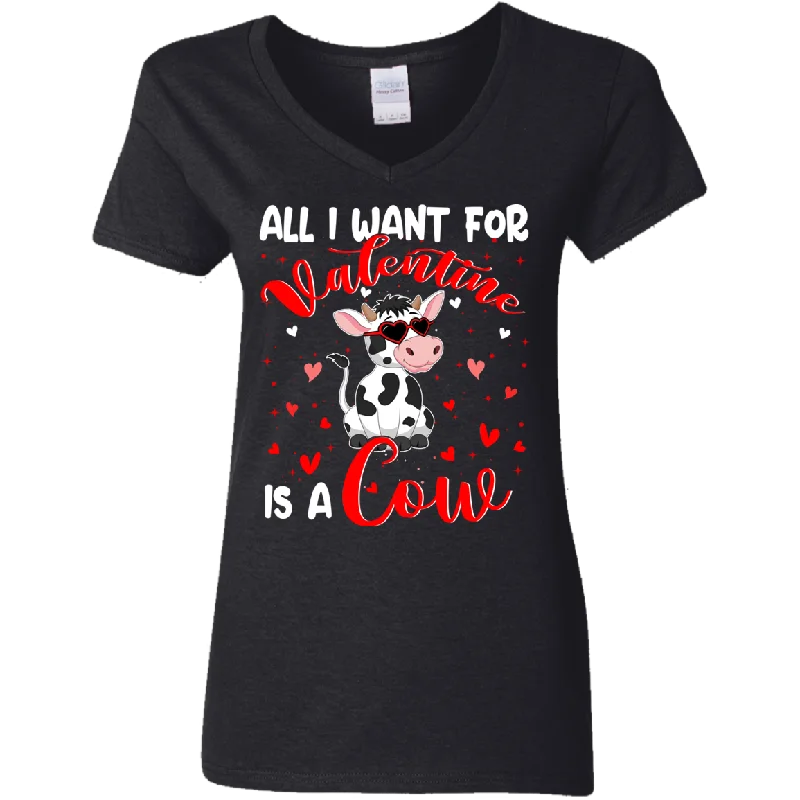 All I Want For Valentine Is A Cow Ladies V-Neck T-Shirt Print Jacquard Patchwork