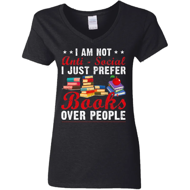 I Am Not Anti Social I Just Prefer Books Over People Ladies V-Neck T-Shirt Polka Dot Checkered Tartan