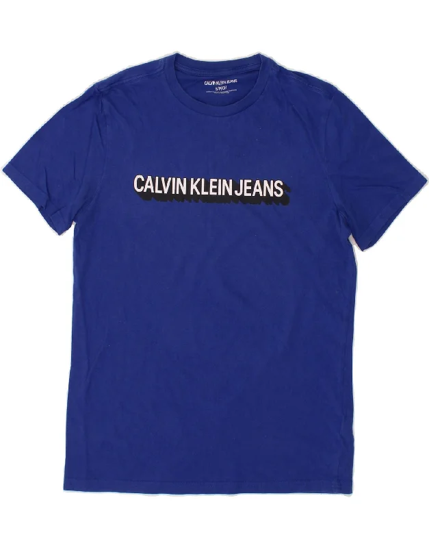 CALVIN KLEIN JEANS Mens Graphic T-Shirt Top Small Blue Cotton Welt Pockets Slit Pockets Flap Pockets