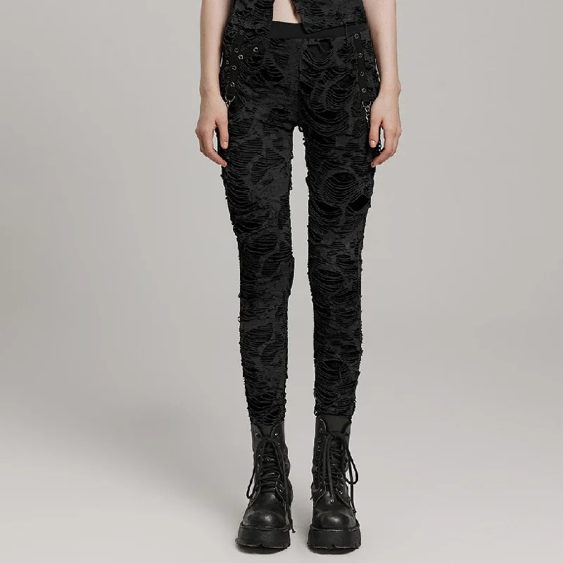 Women's Punk Ripped Eyelet Chain Leggings Chic Floral Print Leggings