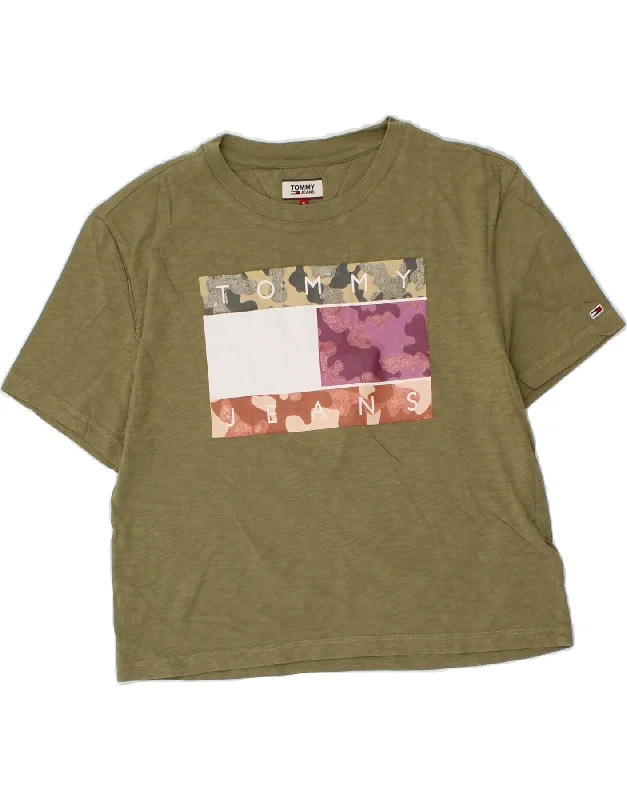 TOMMY HILFIGER Womens Crop Graphic T-Shirt Top UK 10 Small Khaki Cotton Mesh Canvas Denim TOMMY HILFIGER Womens Crop Graphic T-Shirt Top UK 10 Small Khaki Cotton Mesh Canvas Denim