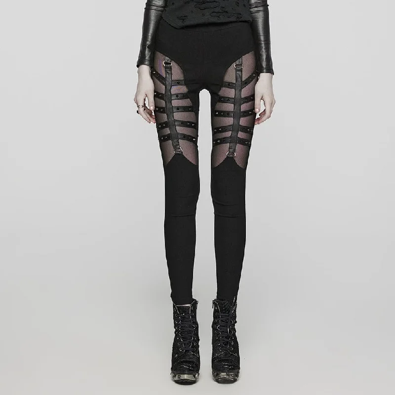 Women's Punk Mesh Strappy Stud Leggings Comfortable Lounge Leggings