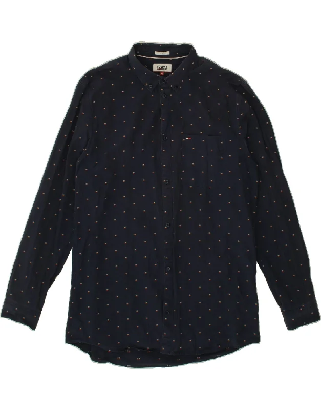 TOMMY HILFIGER Mens Slim Fit Shirt XL Navy Blue Polka Dot Cotton Beaded Sequined Faux Fur