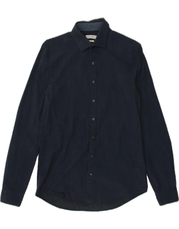 CALVIN KLEIN Mens Slim Fit Shirt Size 15 38 Medium Navy Blue Cotton Real Fur Shearling Chenille