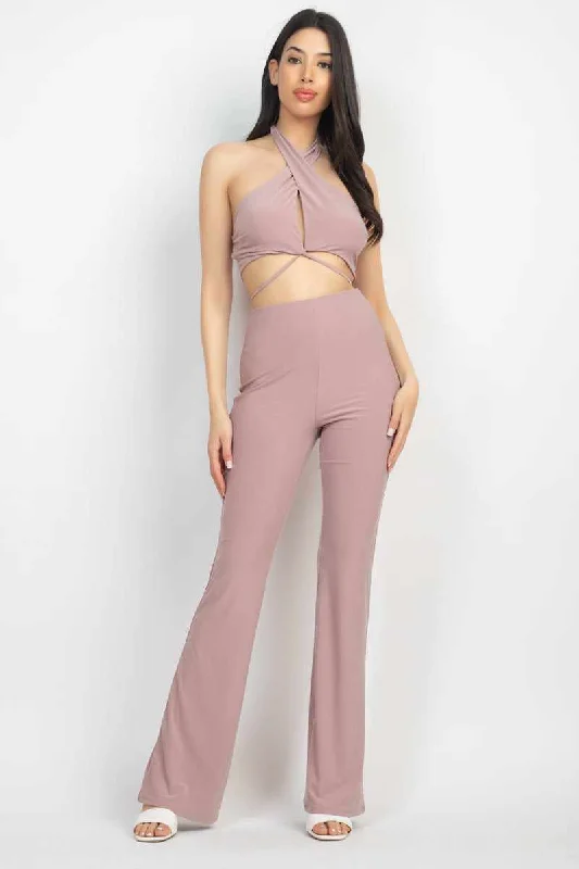 Solid Halter Top And Elastic Leggings Set Fashionable High-Rise Workout Leggings