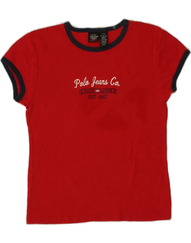 POLO RALPH LAUREN Womens Graphic T-Shirt Top UK 14 Large Red Cotton Spandex Blend Rayon Blend Denim Blend