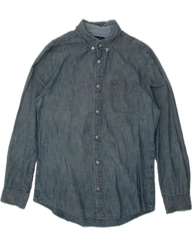 TOMMY HILFIGER Mens Indigo Shirt Large Blue Cotton Hooded Caped Shawl Collar