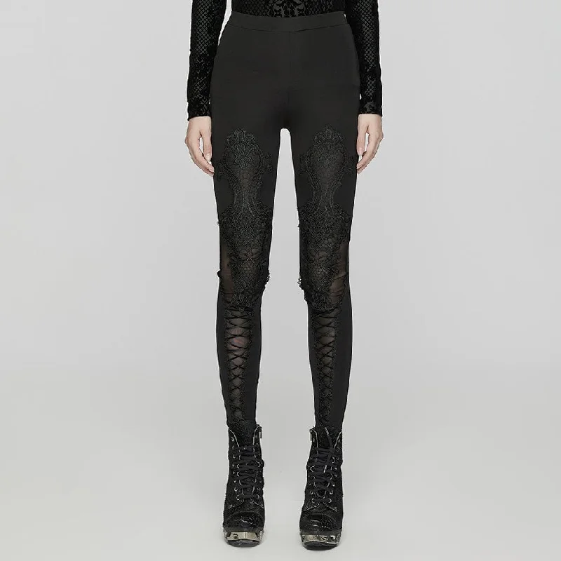 Women's Gothic Floral Embroidered Lace-up Leggings Trendy Faux Suede Leggings