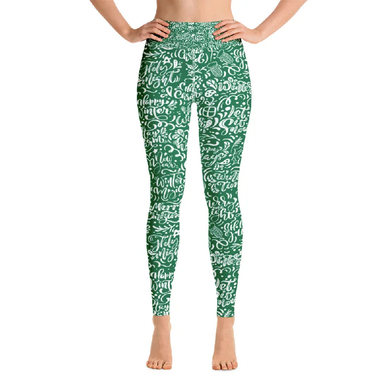 Green Christmas Typography Pattern  Yoga Leggings Chic Velvet Soft Leggings