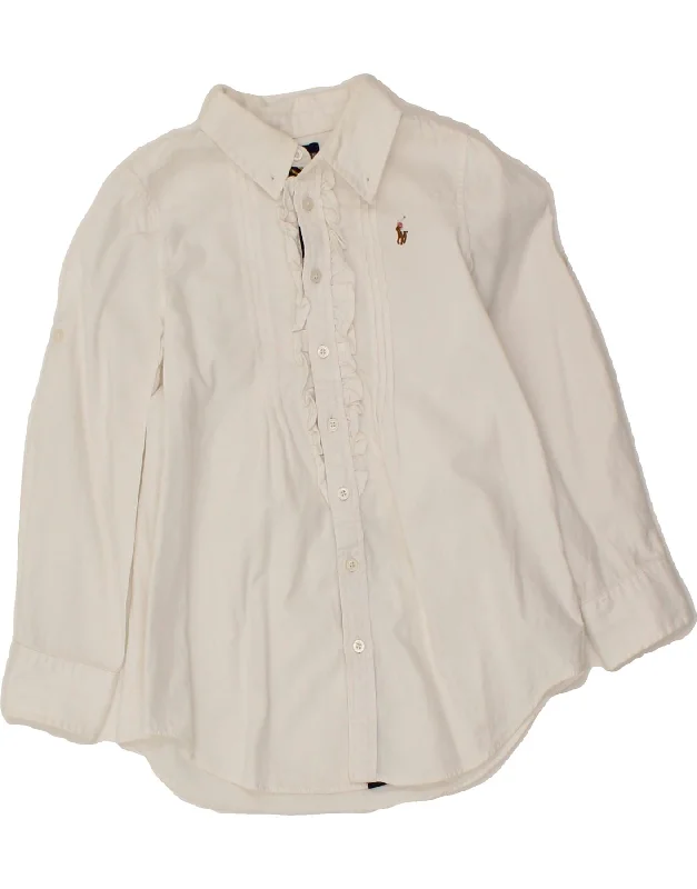 RALPH LAUREN Girls Ruffle Front Shirt 4-5 Years White Cotton Lace Blend Ribbed Blend Corduroy Blend
