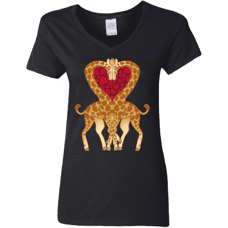Cute Giraffe Heart Valentine Couple Gifts Ladies V-Neck T-Shirt Denim Fabric Leather Fabric Suede Fabric Cute Giraffe Heart Valentine Couple Gifts Ladies V-Neck T-Shirt Denim Fabric Leather Fabric Suede Fabric