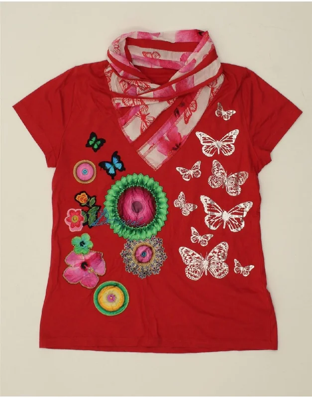 DESIGUAL Womens Graphic T-Shirt Top UK 18 XL Red Floral Cotton Butterfly Mesh Blend Leather Blend Suede Blend