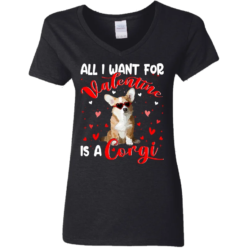 All I Want For Valentine Is A  Corgi Ladies V-Neck T-Shirt Beaded Sequined Faux Fur