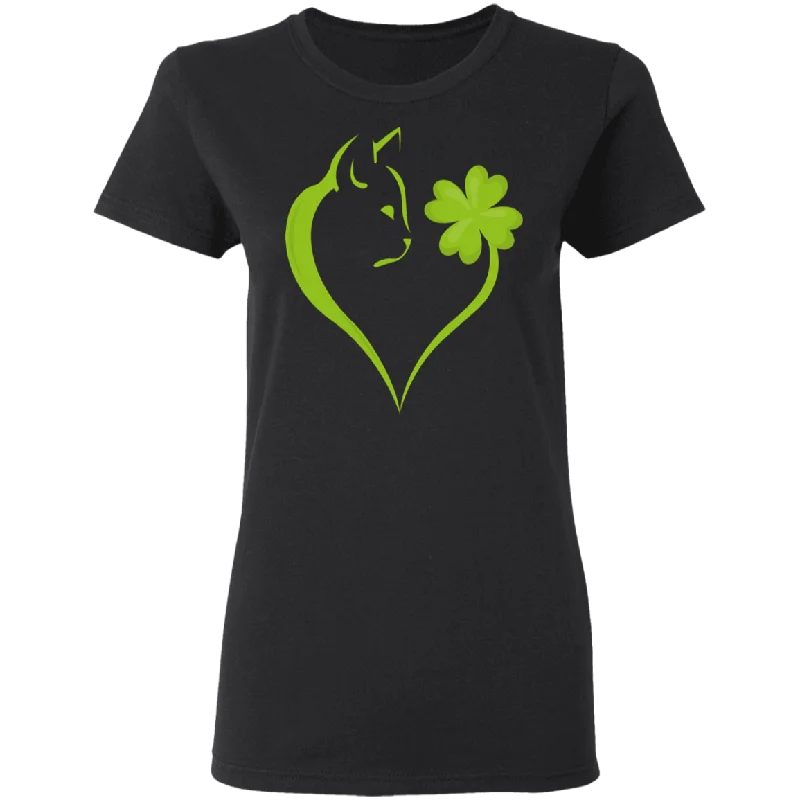 Dabbing Shamrock Cat Heart St Patrick's Day Irish Gifts Ladies T-Shirt Ribbed Striped Patterned