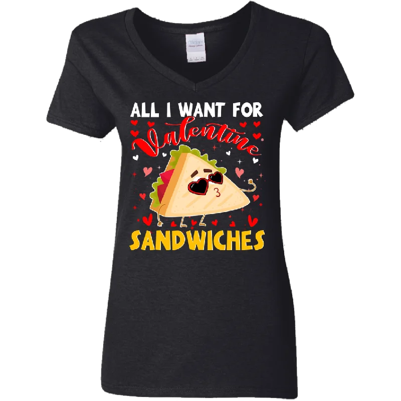 All I Want For Valentine Sandwiches Ladies V-Neck T-Shirt Asymmetrical Pockets Print All I Want For Valentine Sandwiches Ladies V-Neck T-Shirt Asymmetrical Pockets Print
