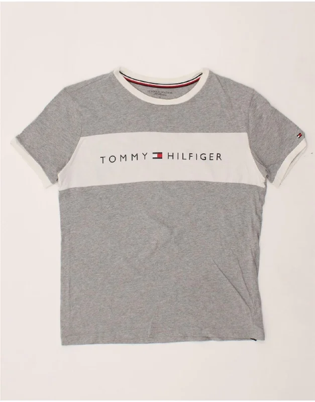 TOMMY HILFIGER Mens Graphic T-Shirt Top Small Grey Colourblock Cotton Collared Crew Neck Turtle Neck