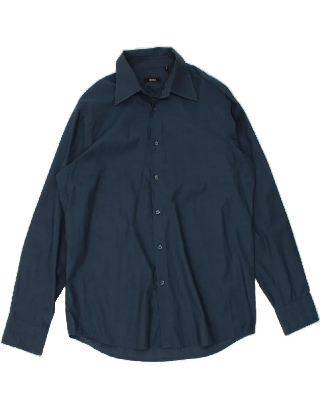 HUGO BOSS Mens Shirt Size 41 16 Large Navy Blue Cotton Real Fur Shearling Chenille