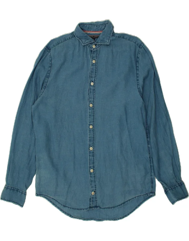 TOMMY HILFIGER Mens Shirt Medium Blue Linen Chenille Blend Fleece Blend Nylon Blend