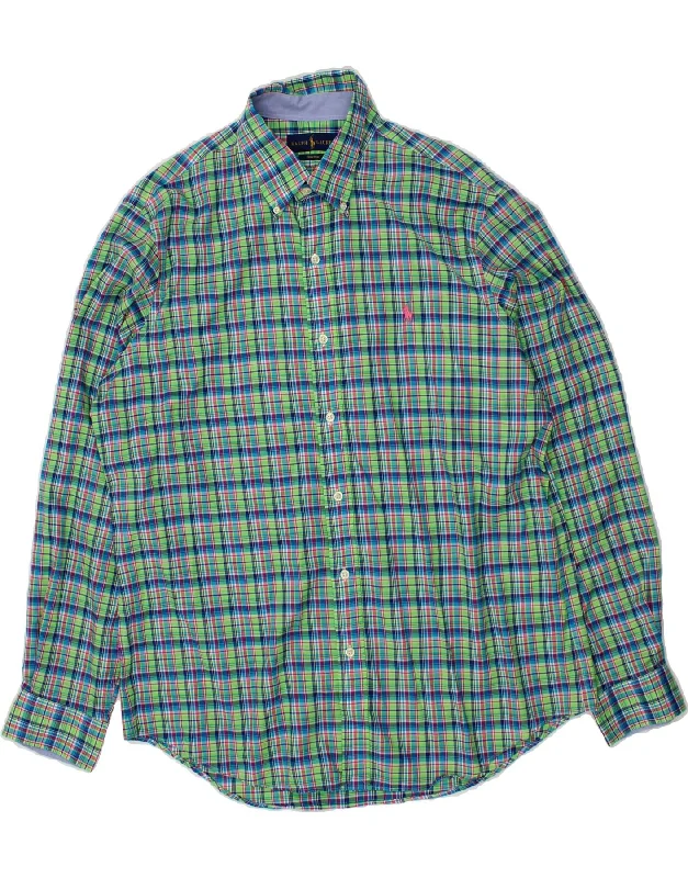 RALPH LAUREN Mens NON - IRON Shirt Large Green Check Cotton Solid Print Embellished