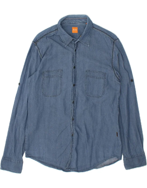 HUGO BOSS Mens Shirt Large Blue Herringbone Cotton Fashionable Trendy Casual