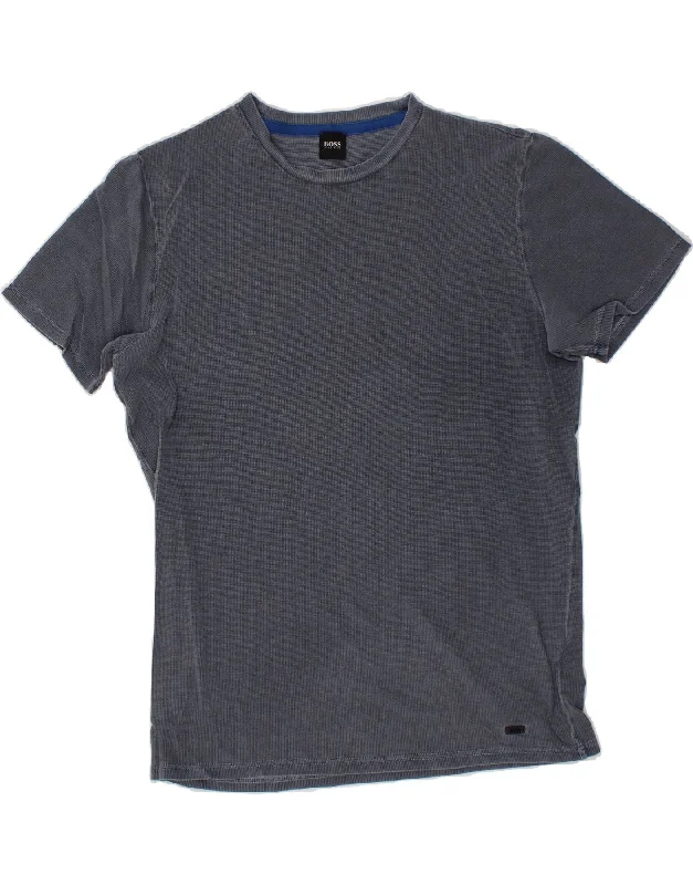 HUGO BOSS Mens T-Shirt Top Medium Navy Blue Cotton Fleece Fabric Down Fabric Feather Fabric