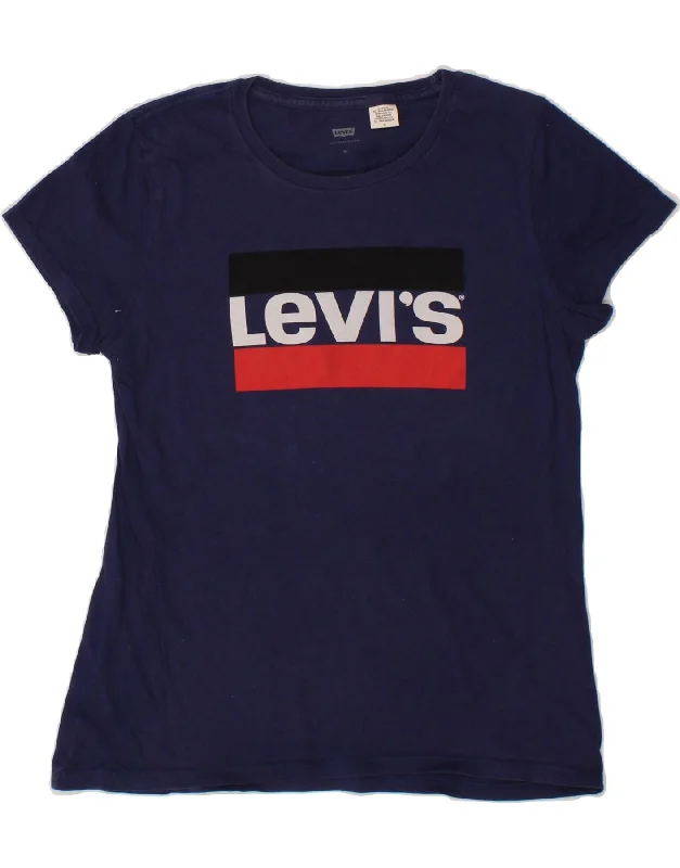 LEVI'S Womens Graphic T-Shirt Top UK 12 Medium Navy Blue Cotton Basic T-Shirt Crew Neck Short Sleeve