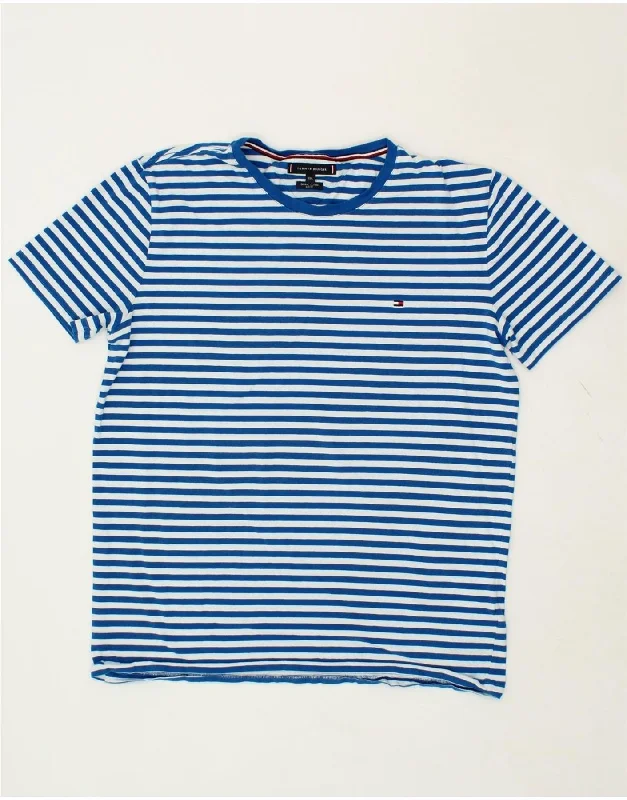 TOMMY HILFIGER Mens T-Shirt Top 2XL Blue Striped Cotton Solid Print Embellished