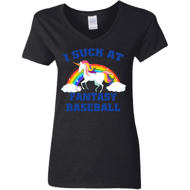 I Suck At Fantasy Baseball Funny Magical Unicorn Ladies V-Neck T-Shirt Chenille Brocade Lace