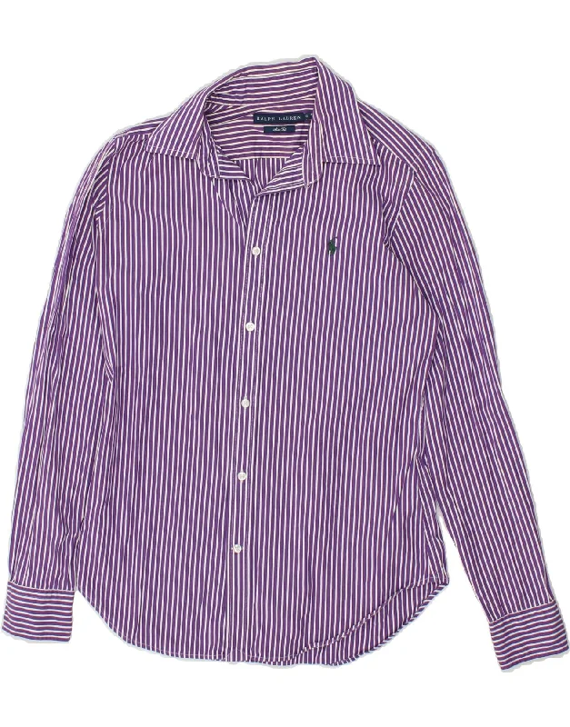 RALPH LAUREN Womens Slim Fit Shirt US 8 Medium Purple Striped Cotton Zippered Front Buttoned Front Snap Front RALPH LAUREN Womens Slim Fit Shirt US 8 Medium Purple Striped Cotton Zippered Front Buttoned Front Snap Front