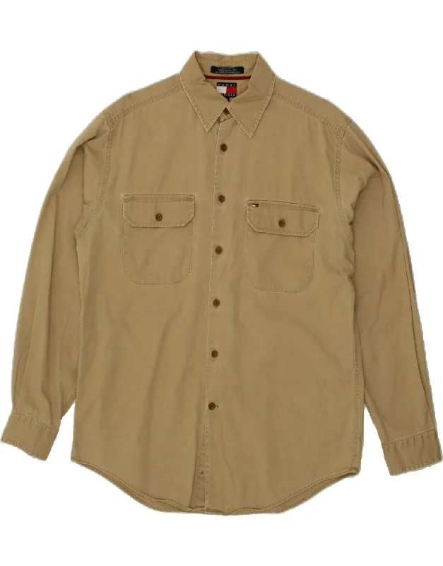 TOMMY HILFIGER Mens Shirt Medium Beige Cotton Mesh Blend Leather Blend Suede Blend