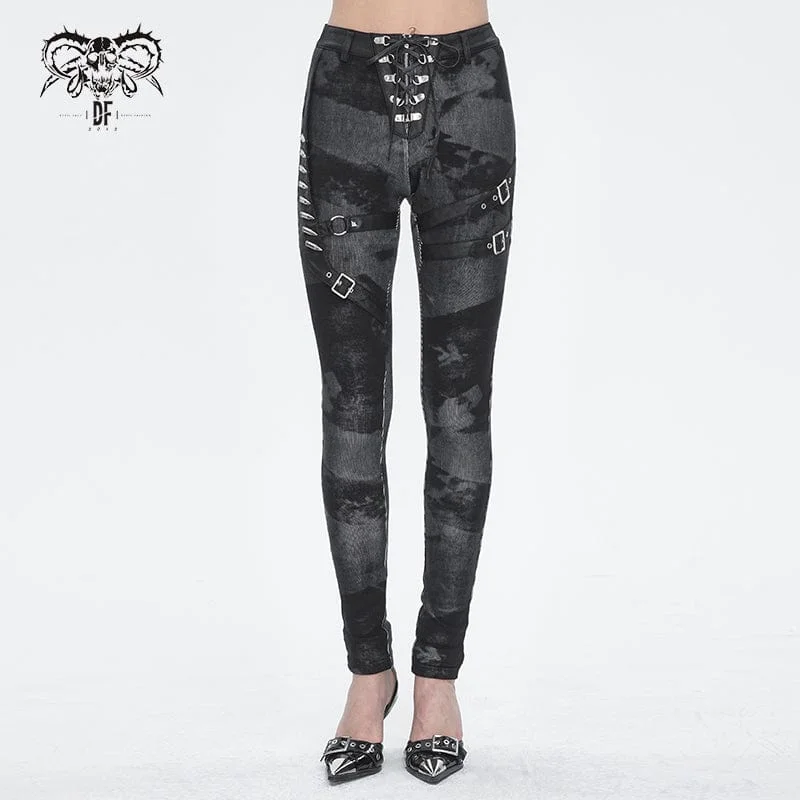 Women's Punk Tie-dyed Buckle Lace-Up Leggings Black Stylish Ankle-Length Leggings