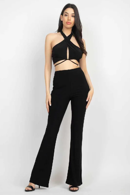 Solid Halter Top And Elastic Leggings Set Cozy Oversized Leggings